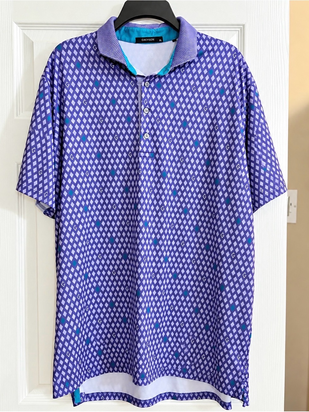 Greyson Men’s Purple Diamond-Print Polo with Teal Accents